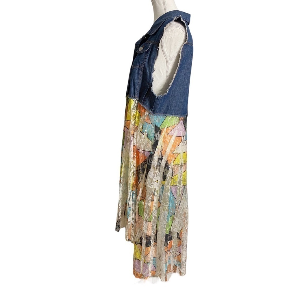 Back in the Saddle Navy Blue Denim & Colorful Geometric Print Lace Dress - Picture 3 of 14